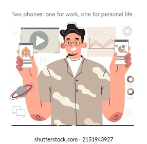 Hyperfocus idea, how to become more efficient. Two phones: one for work, one for personal life. Intense form of mental concentration that focuses consciousness on a task. Flat vector illustration