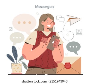 Hyperfocus Idea, How To Become More Efficient. Attractive But Not Efficient Activity, Procrastination In A Workplace. Messengers Using, Chatting In Social Media. Flat Ector Illustration