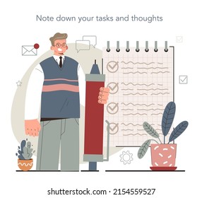 Hyperfocus idea, how to become more efficient. Note down your tasks and thoughts. Intense form of mental concentration. Flat vector illustration