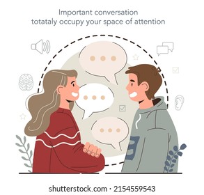 Hyperfocus idea, how to become more efficient. Space of attention is a brain working memory. Important conversation totally occupy your space of attention. Flat vector illustration