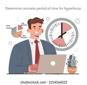 Hyperfocus-Idee, wie man effizienter wird. Bestimmung der konkreten Zeitspanne für den Hyperfokus. Intensive Form der mentalen Konzentration. Flache Vektorgrafik
