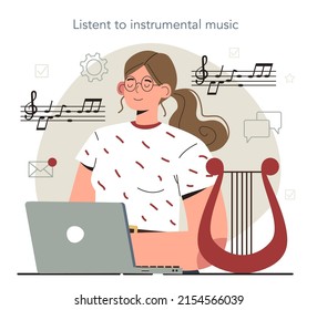 Hyperfocus idea, how to become more efficient. Listent to instrumental music. Intense form of mental concentration or visualization that focuses consciousness on a task. Flat vector illustration