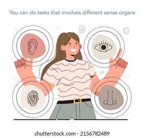 Hyperfocus idea, how to become more efficient. Your space of attention can contain only two activities at time. You can combine tasks that involves different sense organs. Flat vector illustration