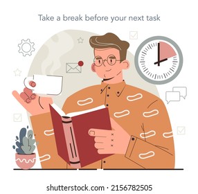 Hyperfocus idea, how to become more efficient. Intense form of mental concentration or visualization that focuses consciousness on a task. Take a break before your next task. Flat vector illustration