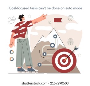 Hyperfocus idea, how to become more efficient. Intense form of mental concentration that focuses consciousness on a task. Goal-focused task can't be done in auto mode. Flat vector illustration