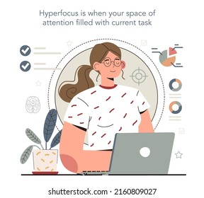 Hyperfocus idea, how to become more efficient. Intense form of mental concentration or visualization that focuses consciousness on a task. Flat vector illustration