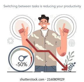 Hyperfocus idea, how to become more efficient. Intense form of mental concentration that focuses consciousness on a task. Switching between tasks reduce your productivity. Flat vector illustration