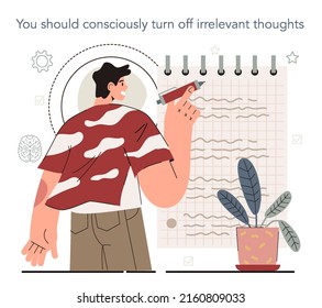 Hyperfocus idea, how to become more efficient. Intense form of mental concentration. You should consciously turn off irrelevant thoughts. Flat vector illustration