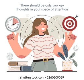 Idea hiperfocalizada, cómo volverse más eficiente con los bordes de atención. Debería haber sólo dos ideas clave. Forma intensa de concentración mental. Ilustración vectorial plana