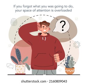 Hyperfocus idea, how to become more efficient. Space of attention is a brain working memory. You're forgetting things if your space of attention is overloaded. Flat vector illustration