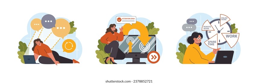 Hyperfocus set. Focus and concentration skill. Self-discipline and time management. Organization for performance efficiency. Flat vector illustration