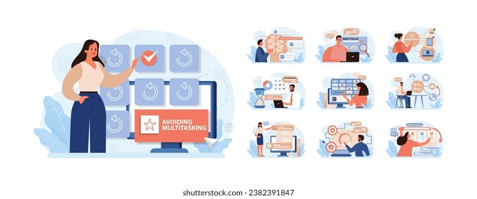 Hyperfocus set. Focus and concentration skill. Self-discipline and time management. Organization for performance efficiency. Flat vector illustration