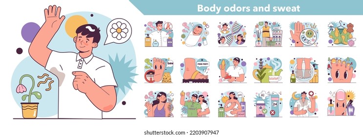 Hyperhidrosis concept. Character with a body and feet sweat problem. Body scent as a hereditary trait. Excessive sweating treatment and prevention. Flat vector illustration