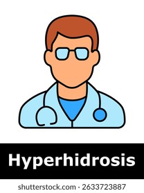 Hyperhidrosis icon. Doctor avatar in glasses with stethoscope, symbolizing medical consultation, diagnosis, and professional help.