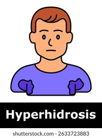 Hyperhidrosis icon. Person with large sweat stains on shirt, showing excessive perspiration and discomfort.