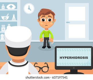 Hyperhidrosis medical concept. Vector illustration. Doctor and patient are talking in the hospital. Isolated on white background.