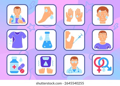 Ícone de conjunto de hiperidrose. Sudorese excessiva, pés, axilas, mãos, rosto, camisa molhada, desequilíbrio da pele, injeção, medicamento, consulta médica, diferença de gênero, reação à umidade.