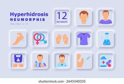 Ícone de conjunto de hiperidrose. Sudorese excessiva, palmas das mãos, pés, axilas, rosto, ansiedade, desequilíbrio, tratamento, injeção, desodorante, roupas molhadas, ajuda médica, reação à temperatura, consulta médica.
