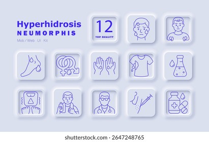 Ícone de conjunto de hiperidrose. Sudorese excessiva, palmas das mãos, pés, axilas, rosto, ansiedade, desequilíbrio, tratamento, injeção, desodorante, roupas molhadas, ajuda médica, reação à temperatura, consulta médica.