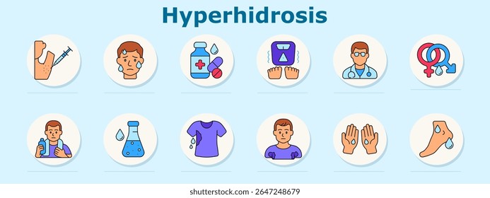 Ícone de conjunto de hiperidrose. Inclui injeção, sudorese facial, medicação, pés na escala, médico, sexo, bebida, solução, camisa embebida, torso, mãos, pé molhado