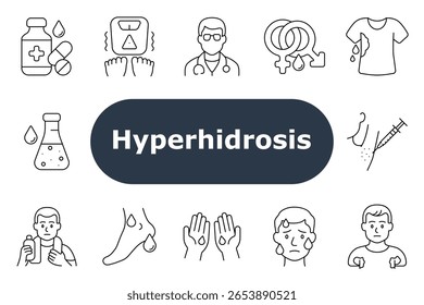 Ícone de conjunto de hiperidrose. Remédios para o suor, escala de agitação, médico, hormônios, camisa molhada, copo de laboratório, injeção, hidratação, sudorese dos pés, mãos molhadas, suor facial, axila, expressão ansiosa.