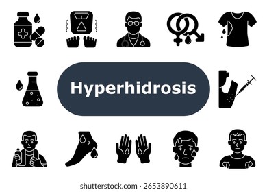 Ícone de conjunto de hiperidrose. Remédios para o suor, escala de agitação, médico, hormônios, camisa molhada, copo de laboratório, injeção, hidratação, sudorese dos pés, mãos molhadas, suor facial, axila, expressão ansiosa.