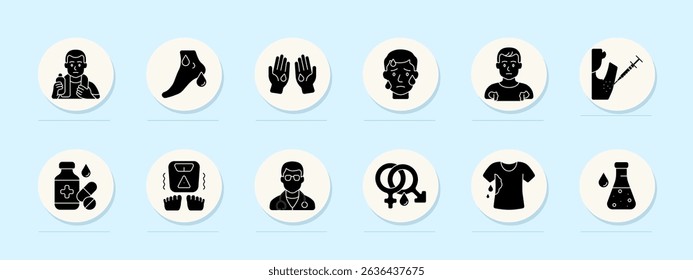 Hyperhidrosis set icon. Sweat, underarms, hands, face, athlete, injection, medicine, scale, doctor, hormone, shirt, lab test.
