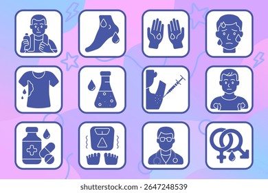 Ícone de conjunto de hiperidrose. Suado axilas, pés, mãos, rosto, camisa molhada, exame médico, injeção, pílulas, tremor, perda de peso, médico, desequilíbrio hormonal.