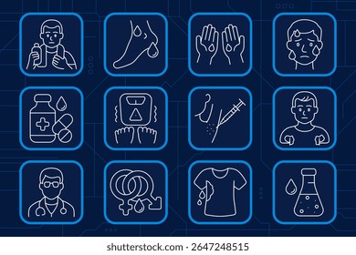 Ícone de conjunto de hiperidrose. Suado, pés molhados, palmas das mãos úmidas, sudorese facial, remédio, balança para agitar, injeção, patch de camisa, médico, símbolos de gênero, axilas molhadas, garrafa química.