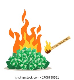 Hyperinflation, devaluation and economic crisis. Burning heap of money banknotes. Burning match sets fire to money. Business vector illustration, flat cartoon style, isolated on white background.