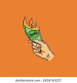 Hyperinflation, devaluation and economic crisis. Burning heap of money banknotes. Burning match sets fire to money. Business vector illustration, isolated on orange background. Burning money in hand. 