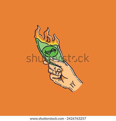 Hyperinflation, devaluation and economic crisis. Burning heap of money banknotes. Burning match sets fire to money. Business vector illustration, isolated on orange background. Burning money in hand. 