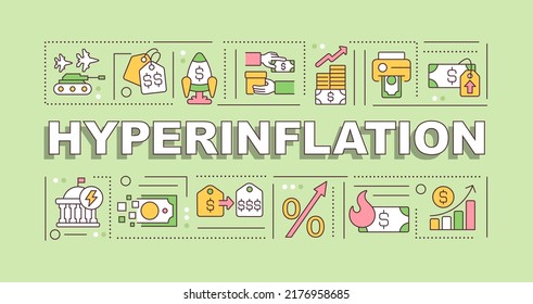 Hyperinflation word concepts blue banner. Economic turmoil. Infographics with editable icons on color background. Isolated typography. Vector illustration with text. Arial-Black font used