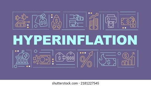 Hyperinflation word concepts dark blue banner. Economic turmoil. Infographics with editable icons on color background. Isolated typography. Vector illustration with text. Arial-Black font used