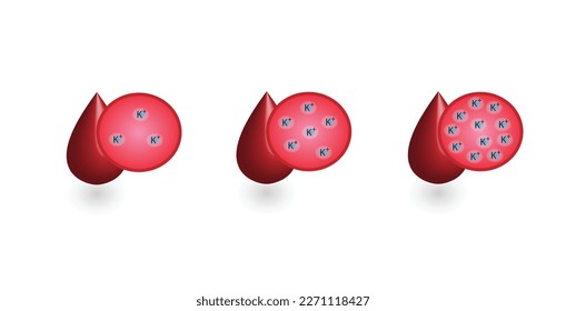 Hyperkaliämie, hoher Kalium-Plasmaspiegel und Hypokaliämie, niedriger Kaliumspiegel im Plasma. KaliumK-Überschuss und Defizit-Elektrolytstörungen, Bluttestrohr, Wissenschaftliches Design. Vektorgrafik.