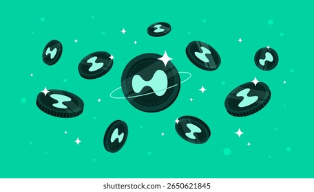 Moedas hiperlíquidas (HYPE) caindo do céu. Plano de fundo do banner do conceito de criptomoeda HYPE.