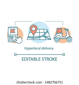 Hyperlocal delivery concept icon. On demand service idea thin line illustration. Transportation business. Smartphone, map and scooter with package vector isolated outline drawing. Editable stroke