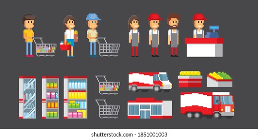 Hypermarket collection, seller, merchandiser, checkout, showcase, goods, transport. Pixel art. Old school computer graphic. 8 bit video game. Game assets 8-bit sprite. 16-bit.