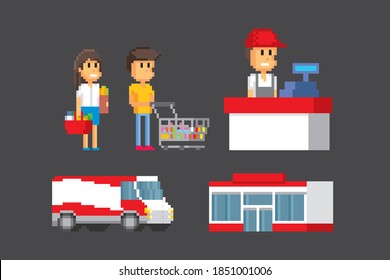 Hypermarket collection, seller, merchandiser, checkout, showcase, goods, transport. Pixel art. Old school computer graphic. 8 bit video game. Game assets 8-bit sprite. 16-bit.