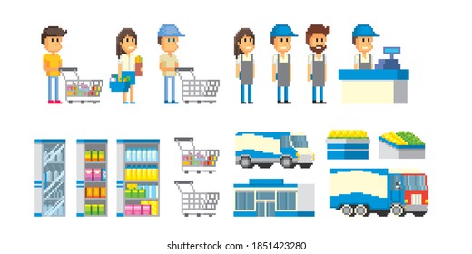 Hypermarket collection, seller, merchandiser, checkout, showcase, goods, transport. Pixel art. Old school computer graphic. 8 bit video game. Game assets 8-bit sprite. 16-bit.