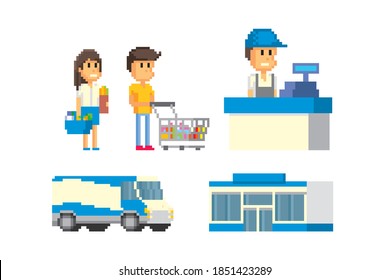 Hypermarket collection, seller, merchandiser, checkout, showcase, goods, transport. Pixel art. Old school computer graphic. 8 bit video game. Game assets 8-bit sprite. 16-bit.