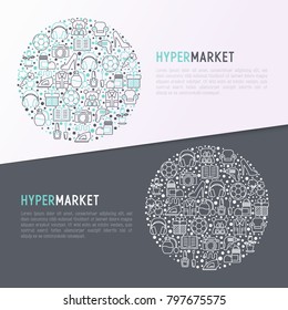 Hypermarket concept in circle with thin line icons: apparel, sport equipment, electronics, perfumery, cosmetics, toys, food, appliances. Modern vector illustration for web page template.
