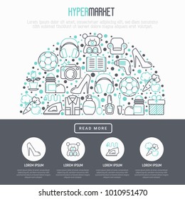 Hypermarket concept in half circle with thin line icons: apparel, sport equipment, electronics, perfumery, cosmetics, toys, food, appliances. Modern vector illustration for print media.