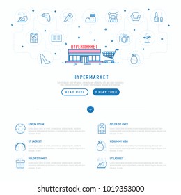Hypermarket concept with thin line icons: apparel, sport equipment, electronics, perfumery, cosmetics, toys, food, appliances. Modern vector illustration, web page template.