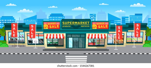 Hypermarket with sales and discounts for shoppers. Cityscape with buildings and infrastructure. Town street view with supermarket proposing shopping clearance. Market with offers vector flat