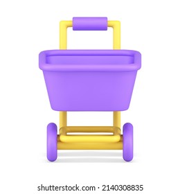Hypermarket shopping transportation equipment for product carrying front view realistic 3d icon vector illustration. Supermarket trolley goods moving product delivery commercial service isolated