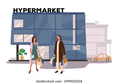 Hypermarket store building web concept. Customers shopping, making purchases. Buyers standing with bags at entrance to store. People scenes template. Vector illustration of characters in flat design