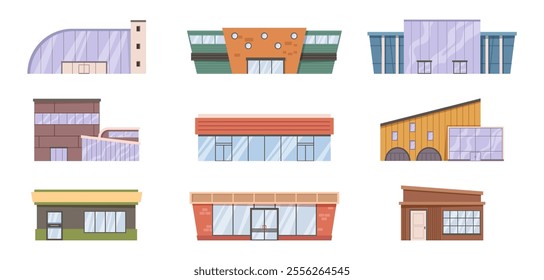 Hypermarket or supermarket building exterior. Vector isolated set of facades of shops. Mall or shopping center with entrance and panoramic windows. Isolated construction of brick and wood