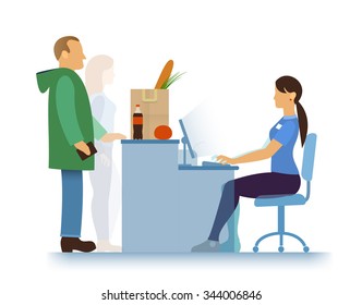 hypermarket, supermarket or small store, shopping bag with food (greens, baguette bread, tomato, grapefruit or apple) and drink, seller-girl and buyers