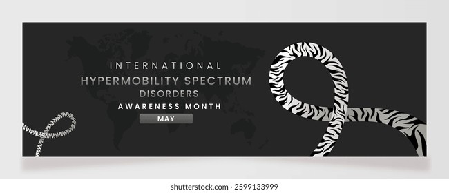 Hypermobility Spectrum Disorder awareness campaign banner with Zebra Colored ribbon symbols on gradient pastel light Grey background and space for text